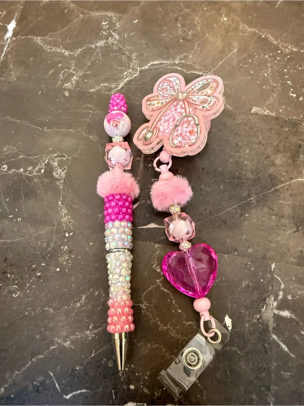 Pink Stethoscope and Hearts Rhinestone Beaded Pen and Matching Badge Reel Set